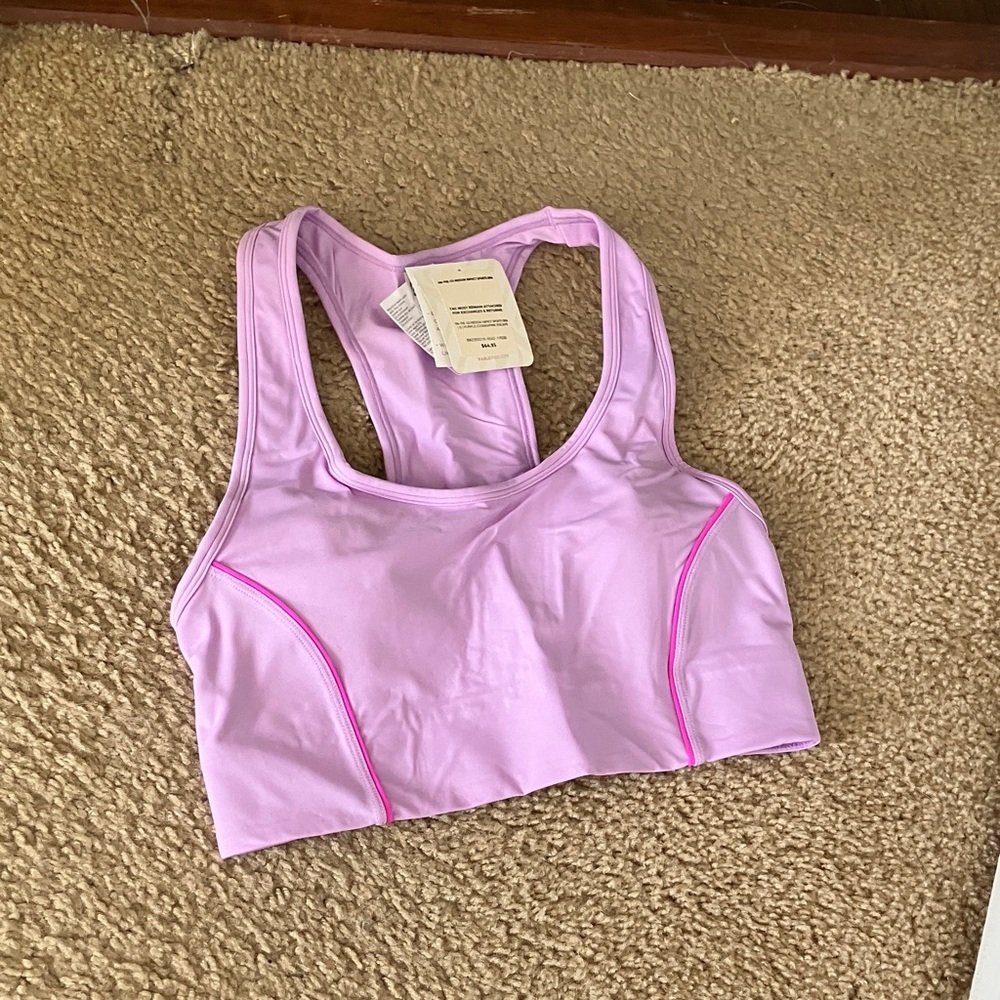 Fabletics Lilac On the Go Sports Bra with Pink Accents
